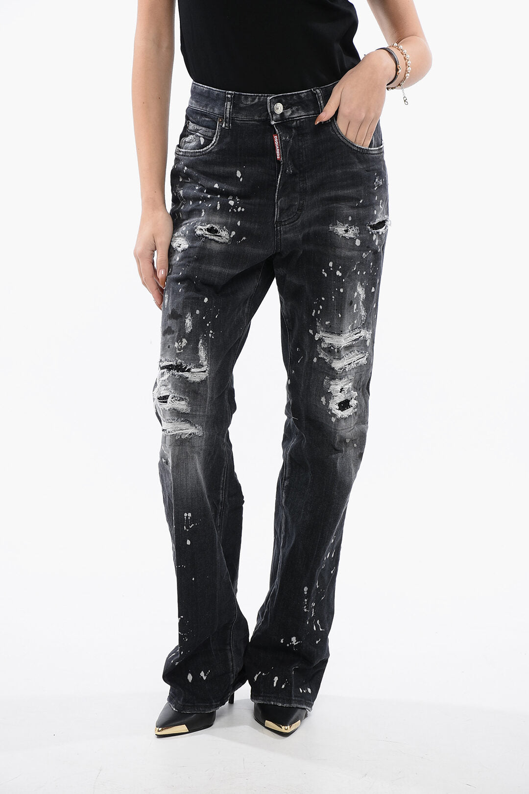 Dsquared2 3500~Vintage-Effect Wide-Leg Jeans ROADIE with Strass 24cm