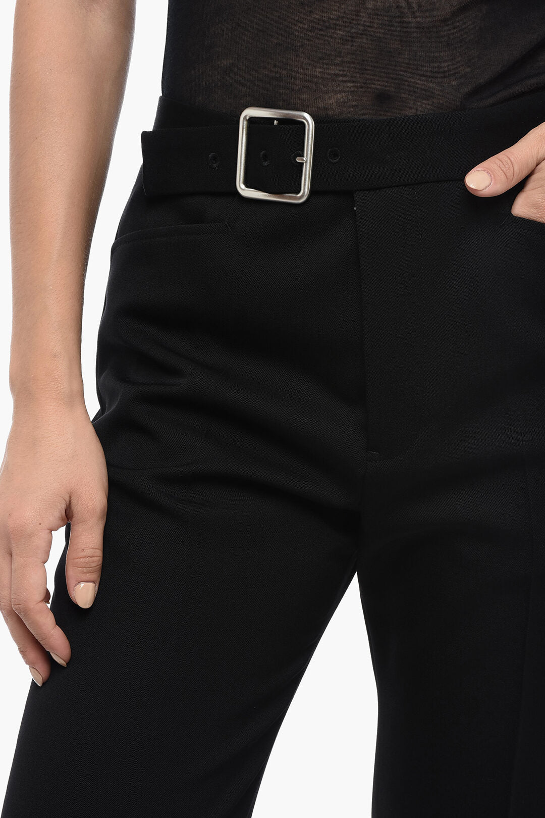 Jil Sander 3500~Wool Grain de Poudre Flared Trousers with Belt, view 2