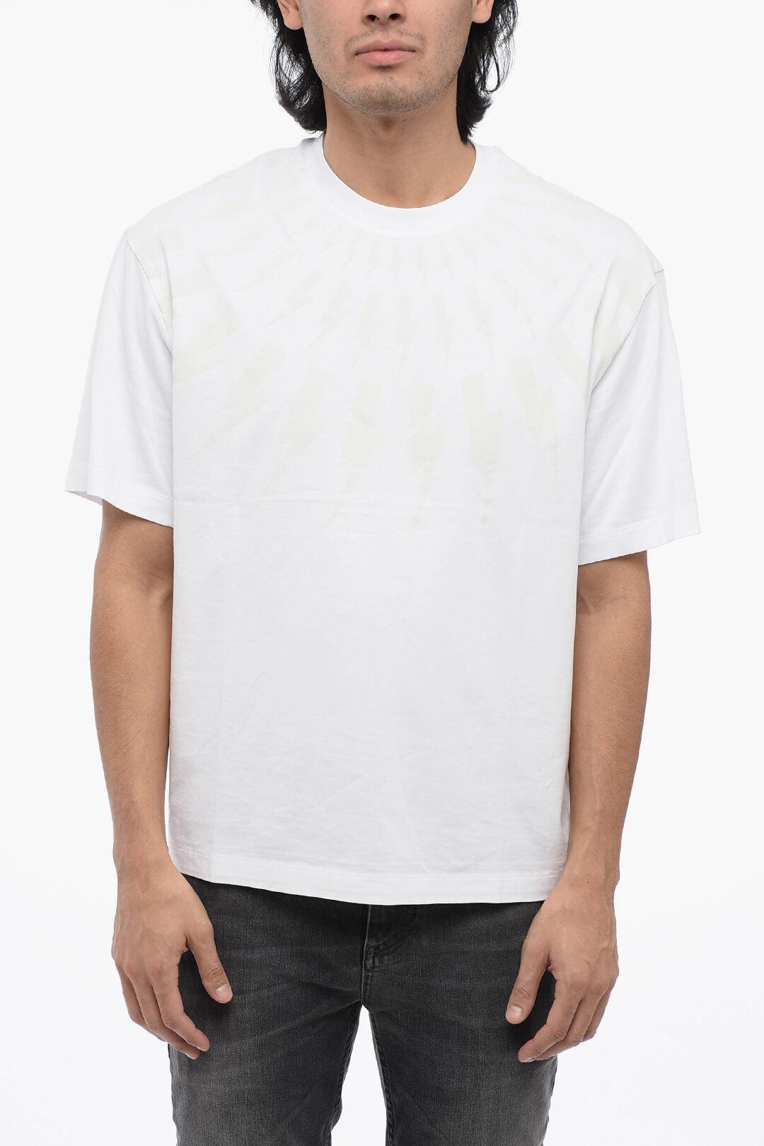 Neil Barrett 0130~Cotton Dropped-Shoulder T-Shirt FAIRISLE THUNDERBOLT