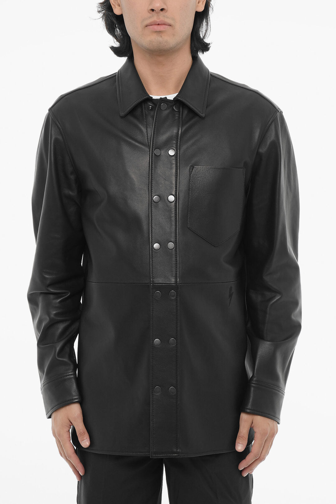 Neil Barrett 0135~Leather and Cotton Overshirt with Front Buttoning