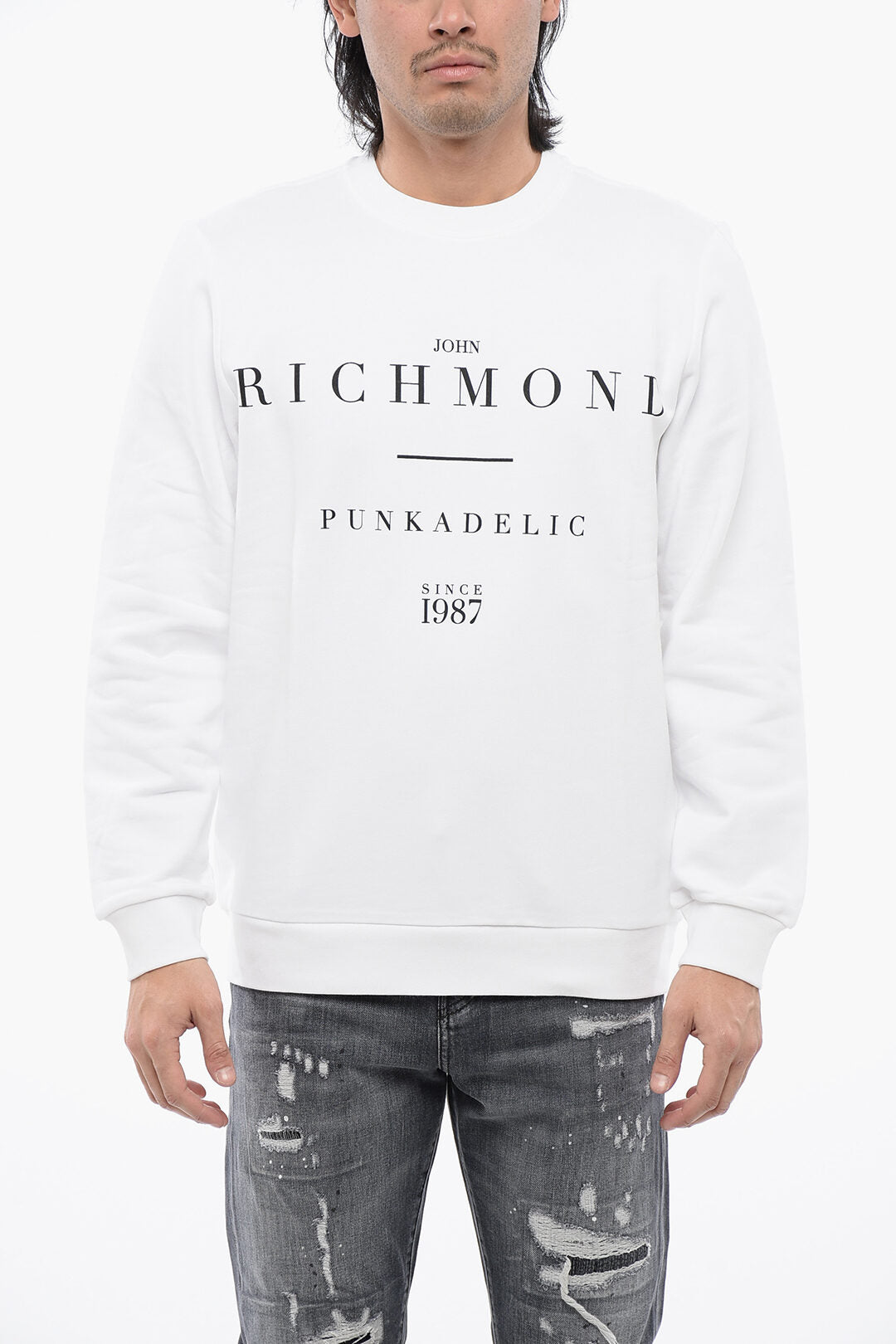 John Richmond 2405~Brushed Cotton Crewneck Sweatshirt with Logo Print