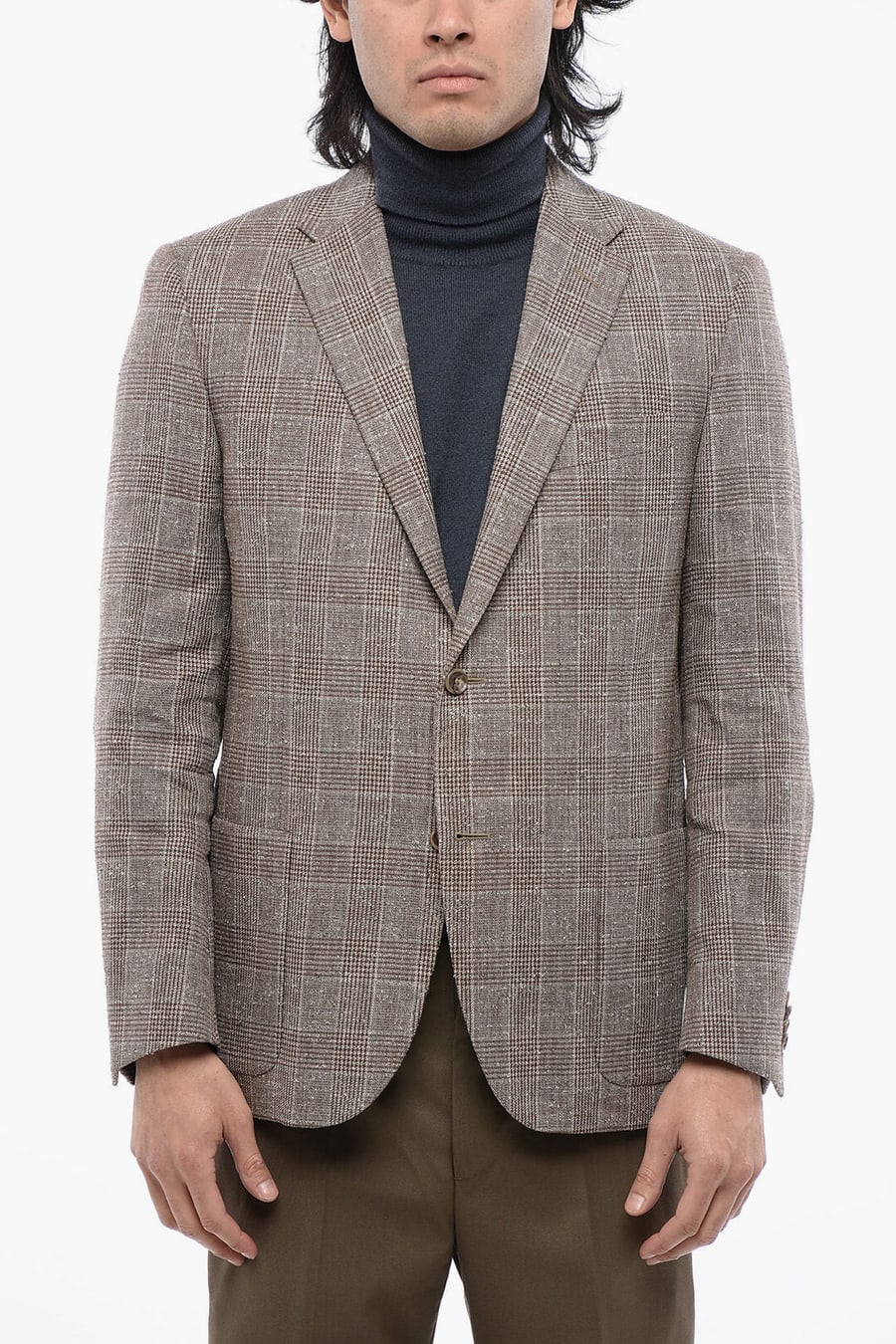 Full Time 2405~Checked Linen-Blend Blazer