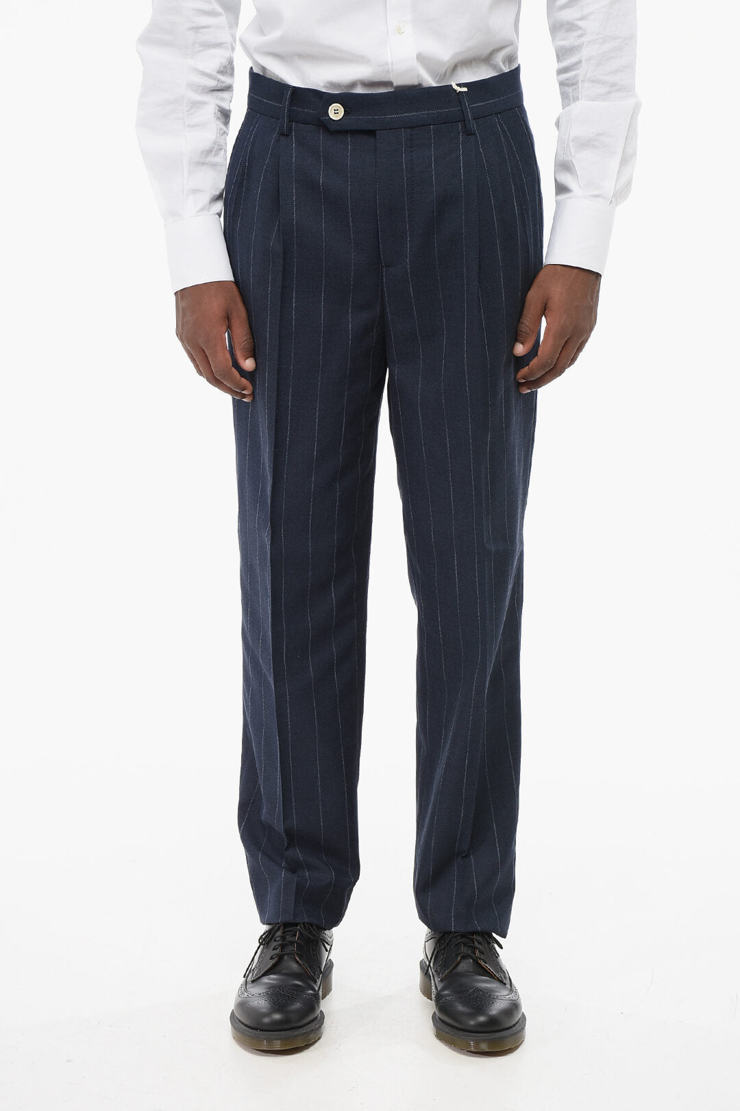 Brunello Cucinelli 2405~Cotton-Blend 2-Pleat Trousers with Pinstripe