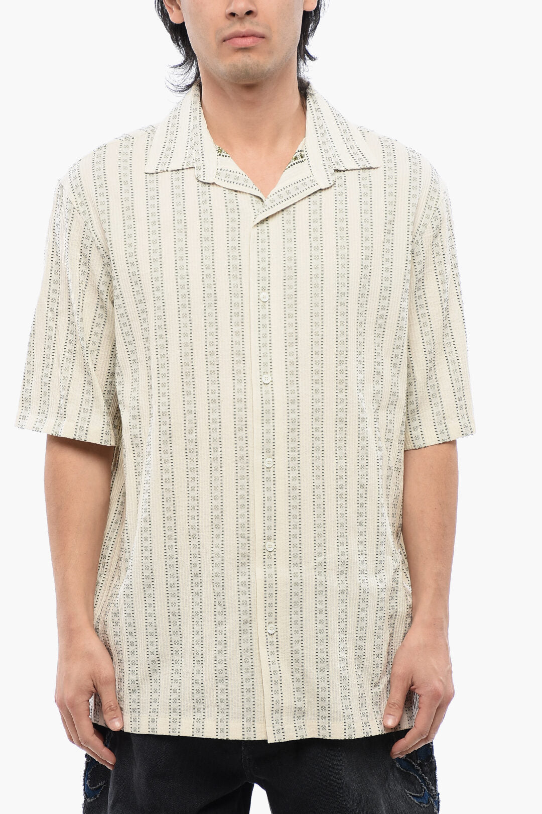 Off-White 2405~Cotton-Blend Bowlling Shirt ARROW STRIPE