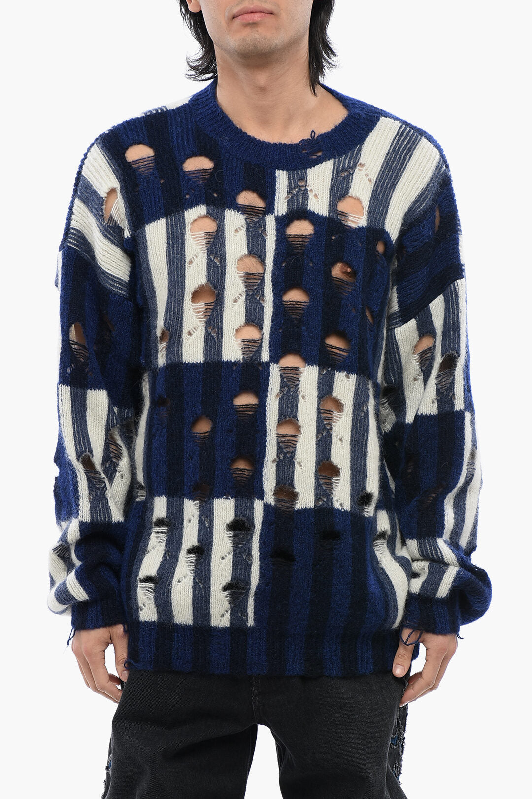 Off-White 2405~Crew-Neck Tartan Sweater SHIBORI Distressed Effect