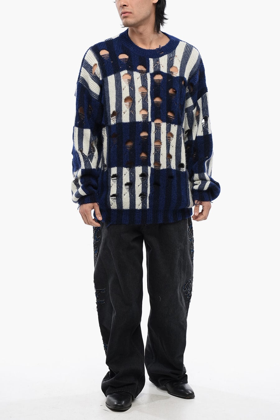 Off-White 2405~Crew-Neck Tartan Sweater SHIBORI Distressed Effect, view 4