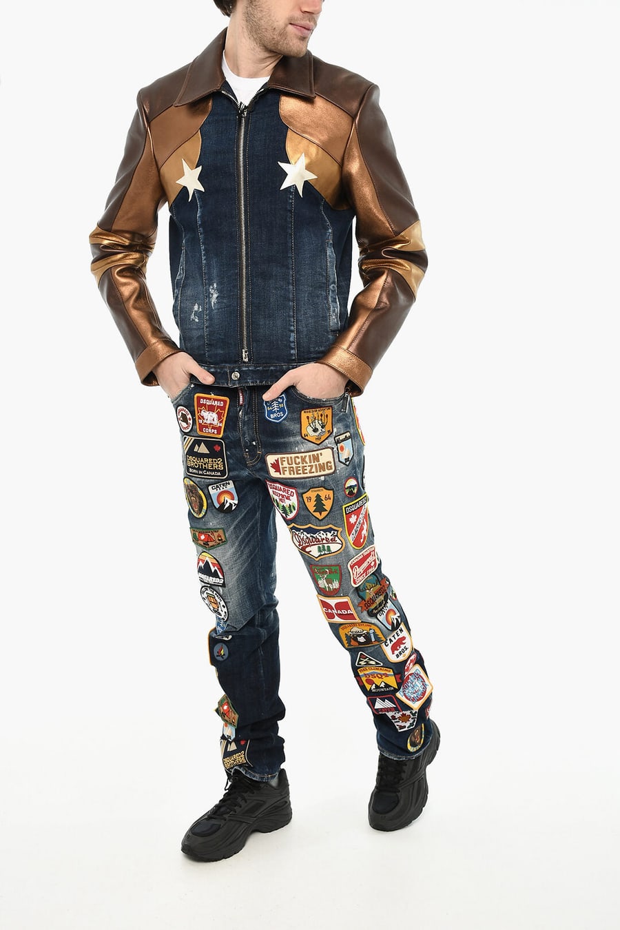 Dsquared2 2405~Denim Jacket with Vegan Leather Sleeves