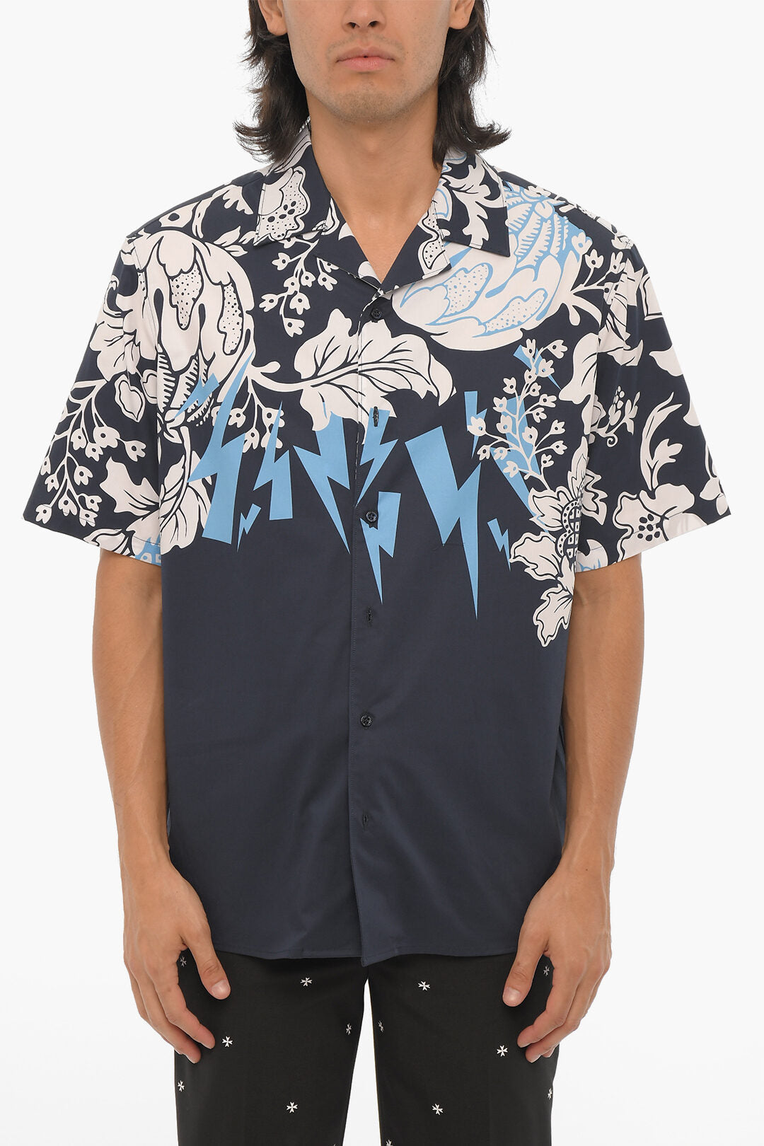 Neil Barrett 2405~Loose Fit Shirt HAWAIIAN BOLTS with Short Sleeves