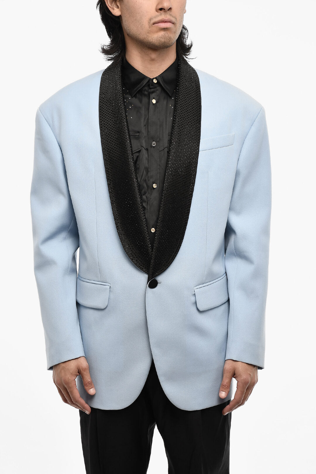 Dsquared2 2405~Oversize One-Button Cotton Jacket with Strass Lapel