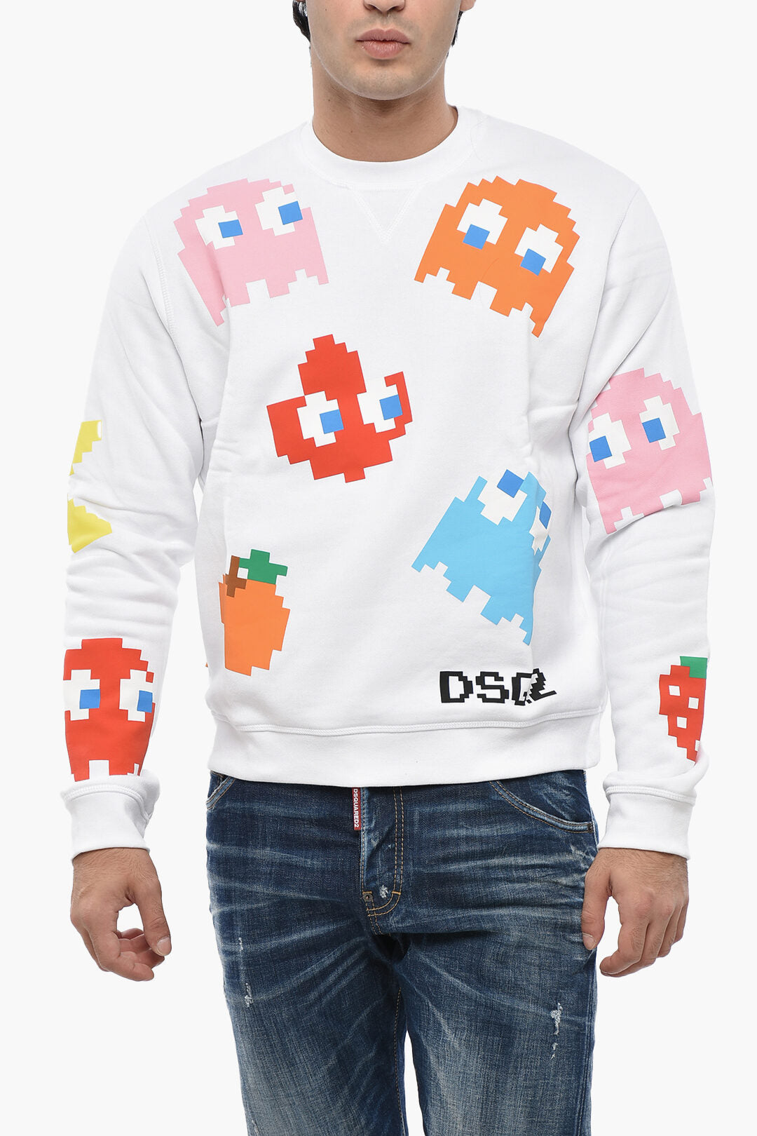 Dsquared2 2405~PAC-MAN Cotton Fleece Crewneck Sweatshirt with All-Over Monogram