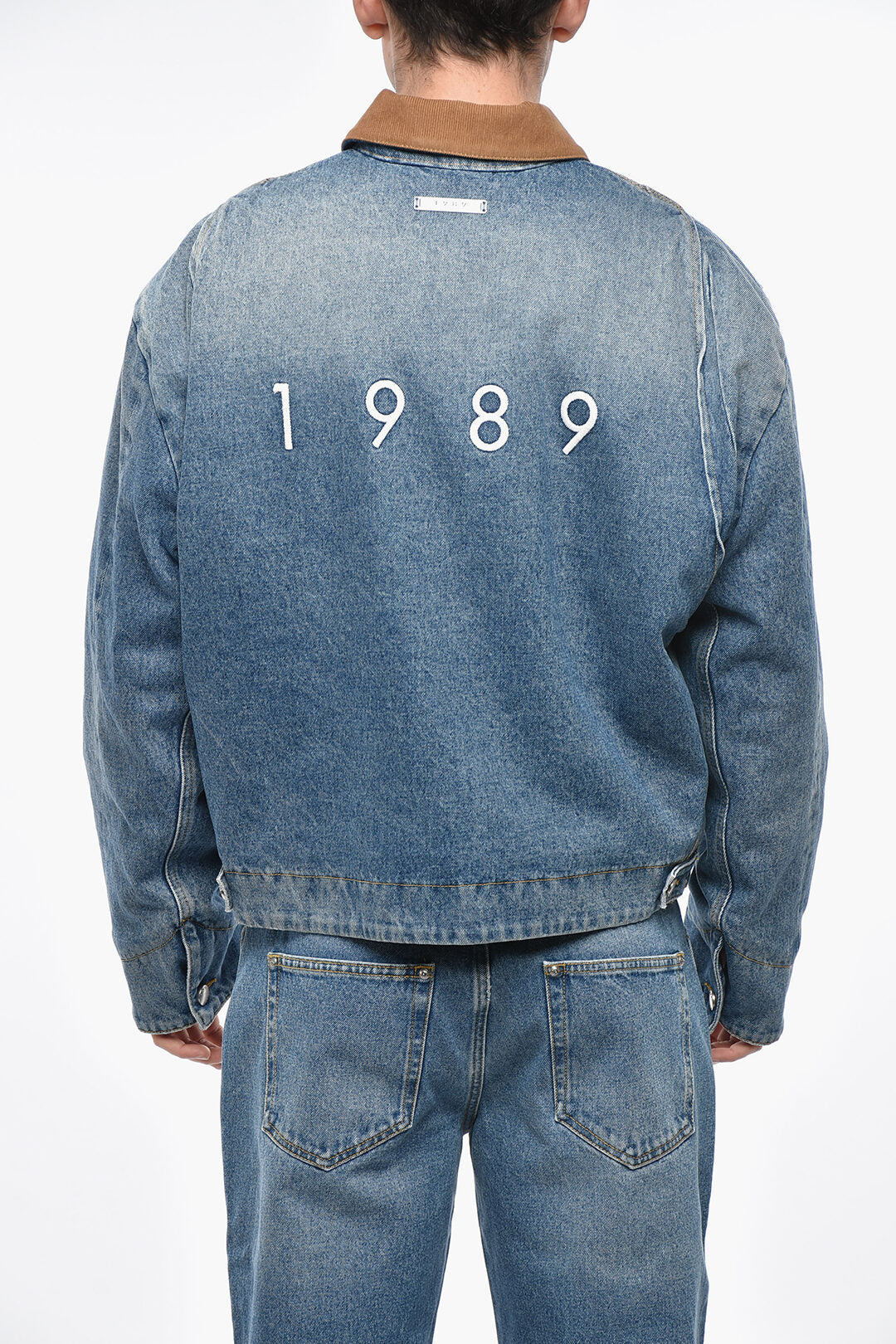 1989 Studio 2405~Padded Denim Jacket with Ribbed Velour Collar and Embroidered Logo