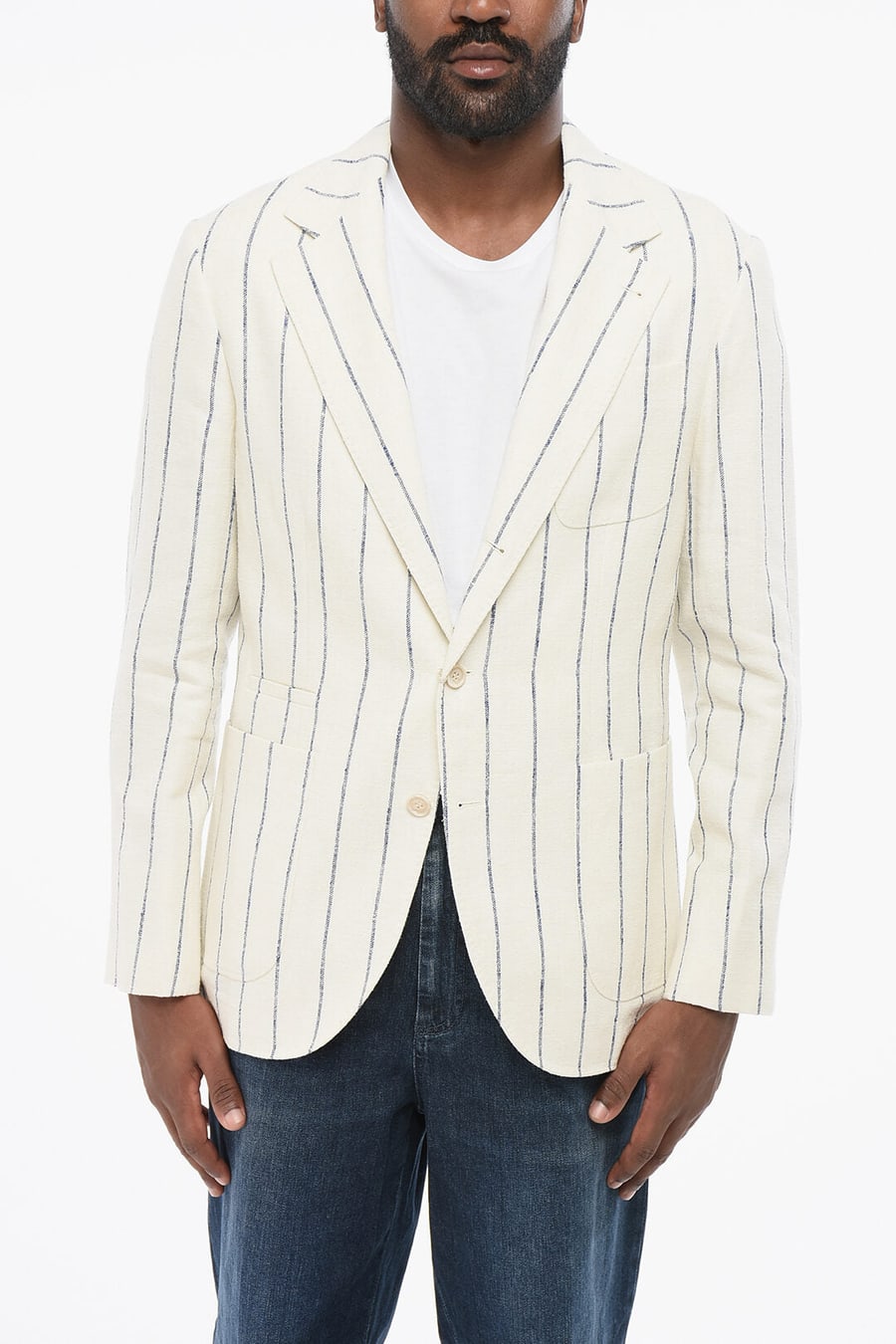 Brunello Cucinelli 2405~Single-Breasted Linen-Blend Blazer with Pinstripe Pattern