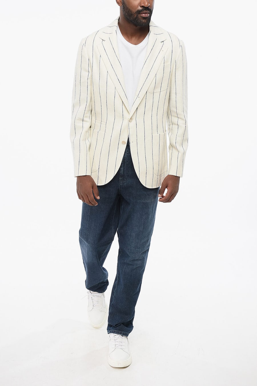 Brunello Cucinelli 2405~Single-Breasted Linen-Blend Blazer with Pinstripe Pattern, view 4