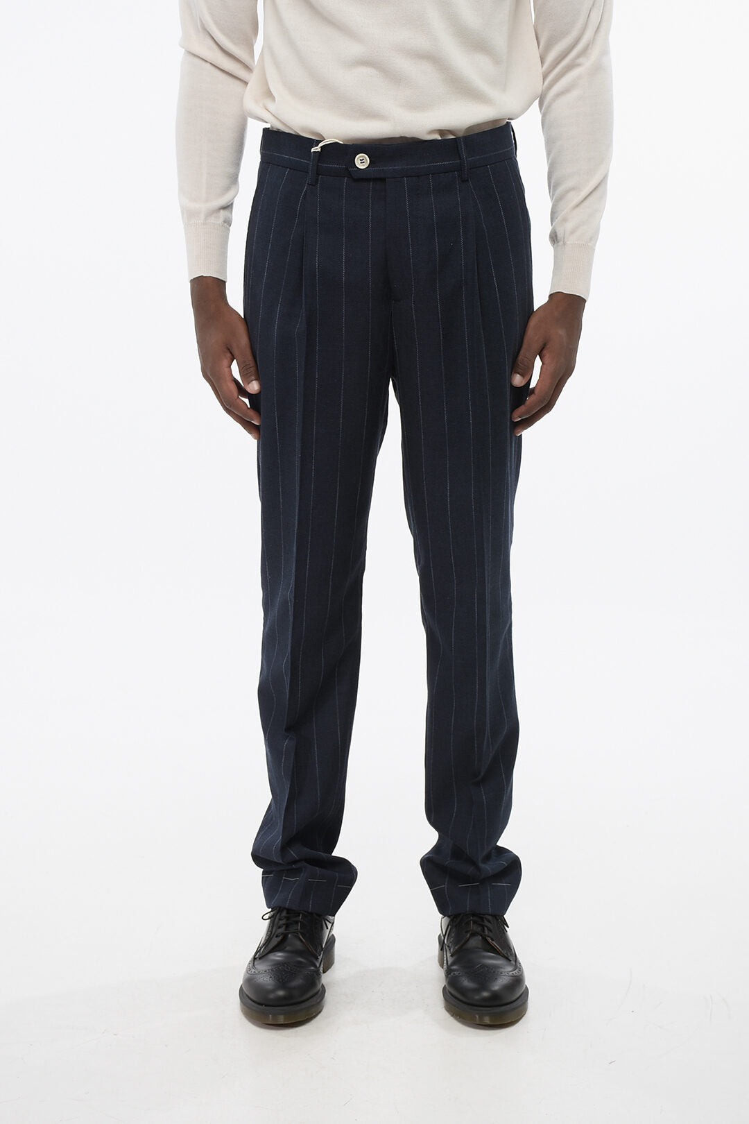 Brunello Cucinelli 2405~Virgin-Wool-Blend 1-Pleat Trousers with Pinstripe