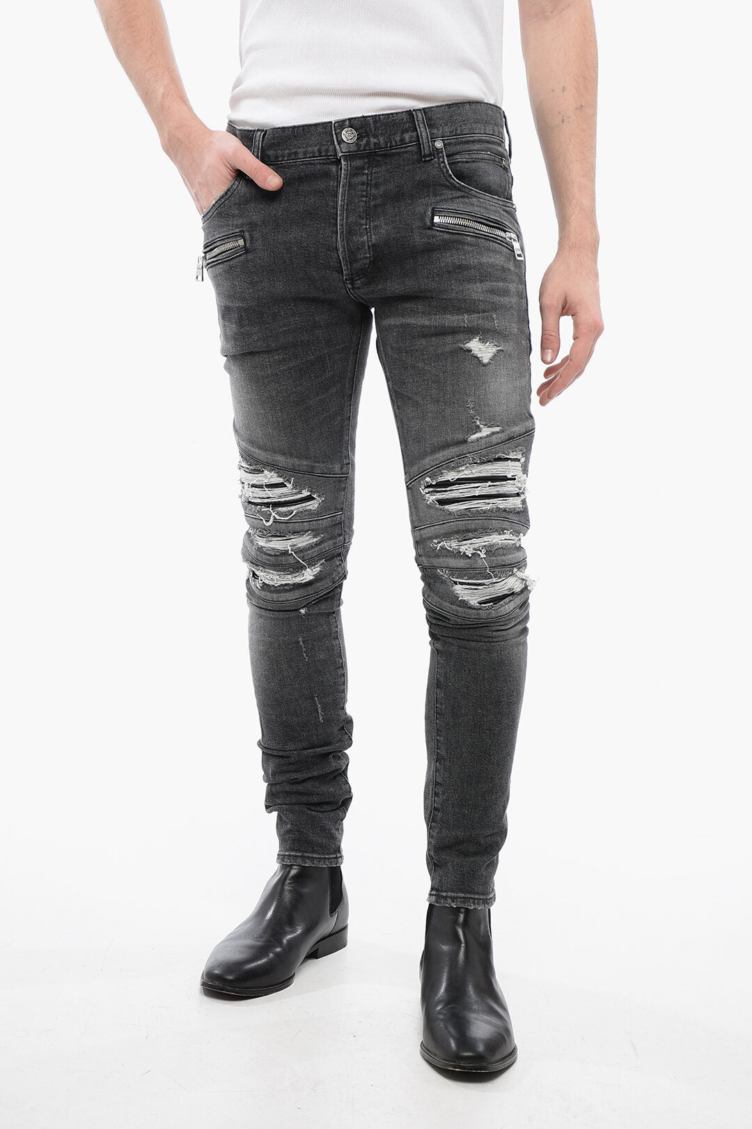 Balmain 2470~Denim Multi-Pocket Distressed Jeans with Biker Leather Inserts 14cm
