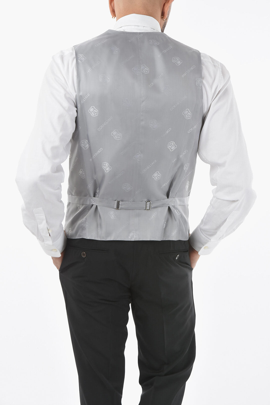 Corneliani 2470~Two-Tone Silk Waistcoat ACADEMY CERIMONIA with All-Over Logo on Back, view 2