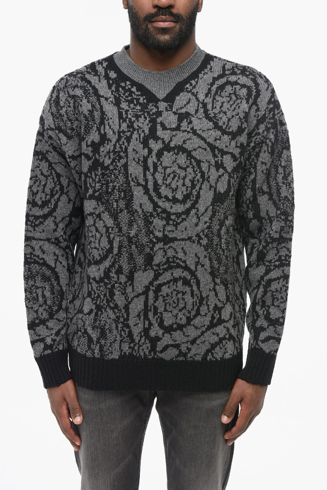 Versace 2470~Virgin Wool Crewneck Sweater with Baroque Pattern