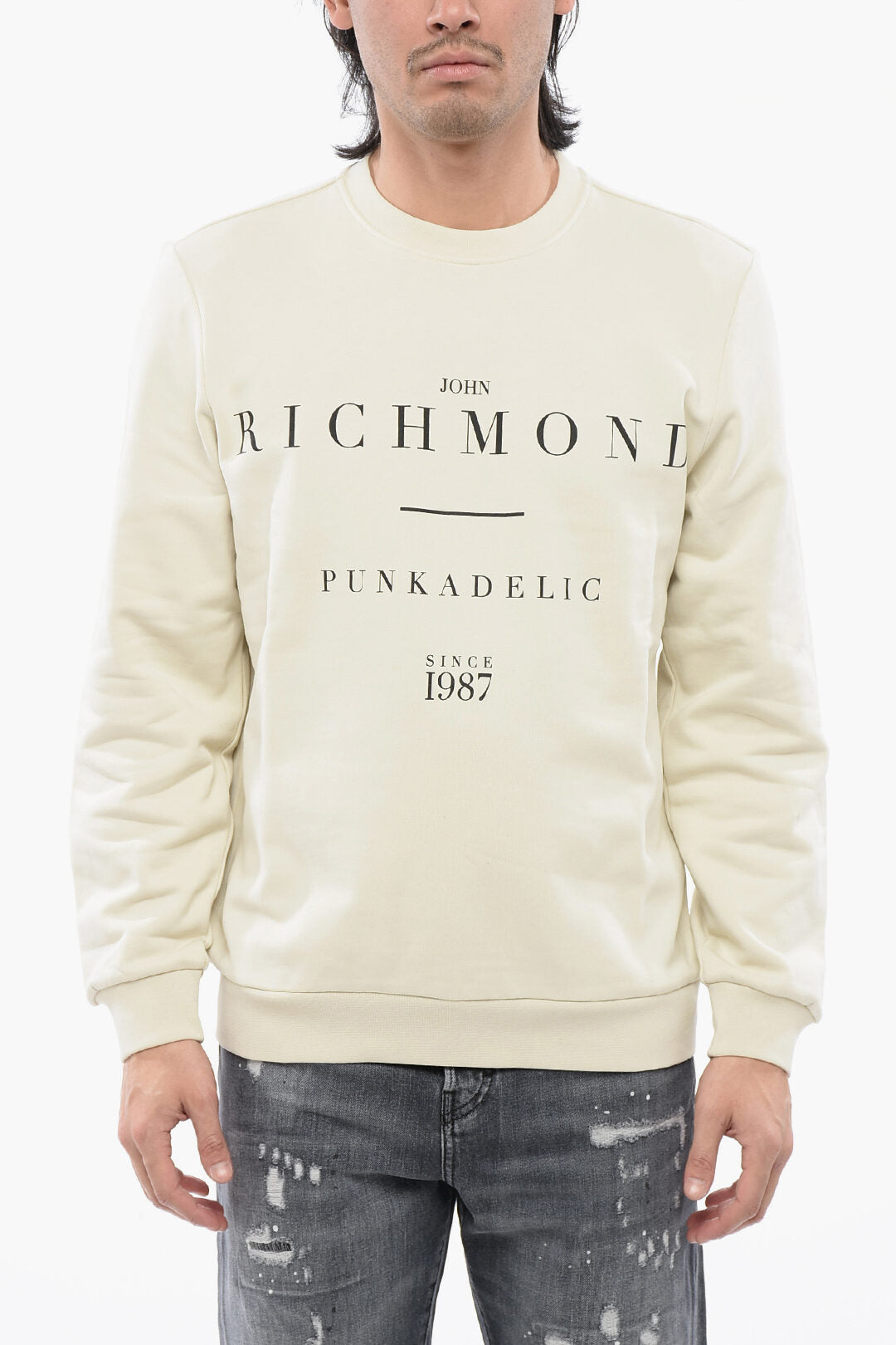 John Richmond 2500~Brushed Cotton Crewneck Sweatshirt with Logo Print