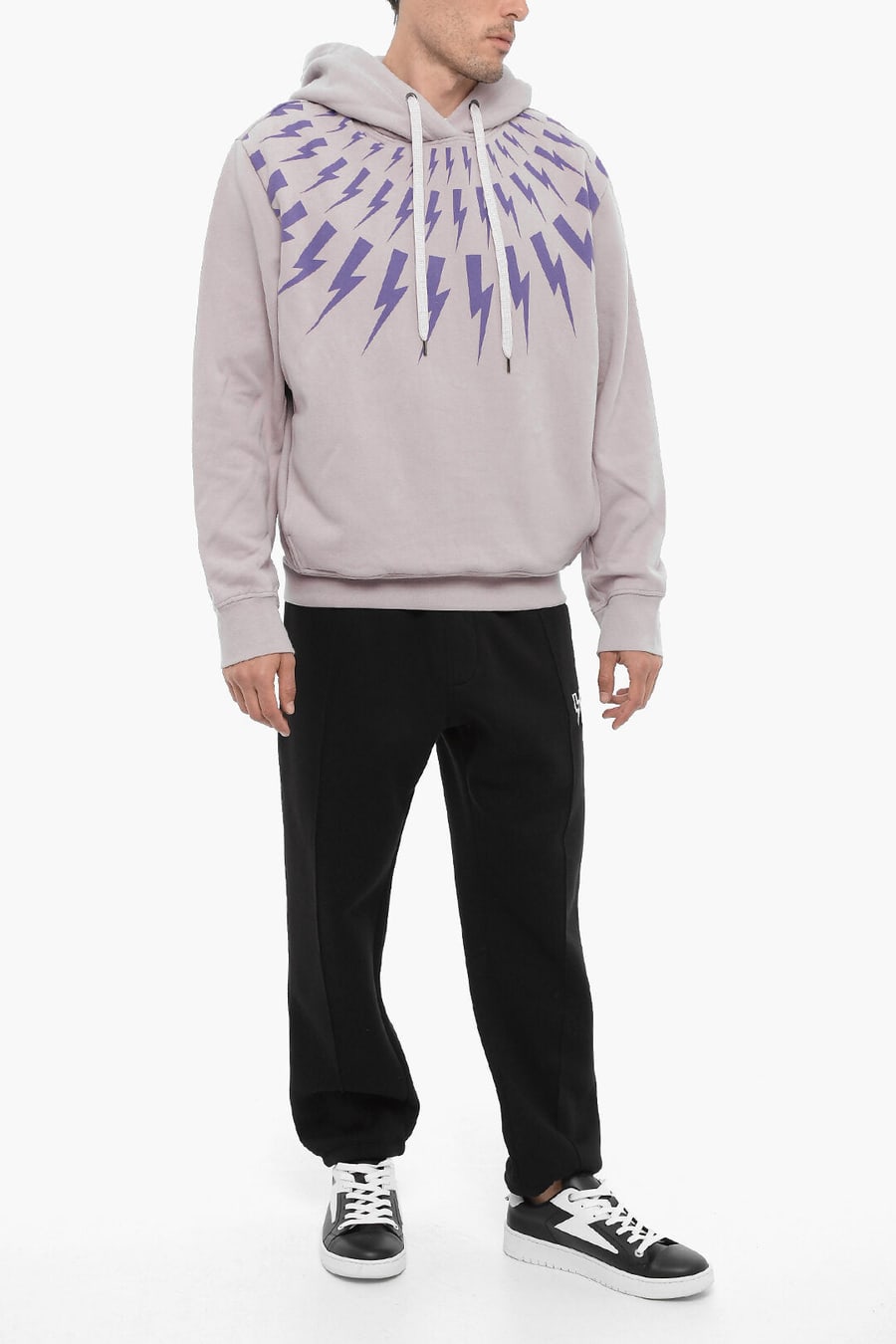 Neil Barrett 2550~Cotton-Fleece Hoodie FAIRISLE THUNDERBOLT, view 4