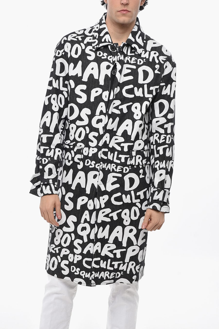 Dsquared2 2550~Monogram-Pattern Denim Trench with Flap Pockets