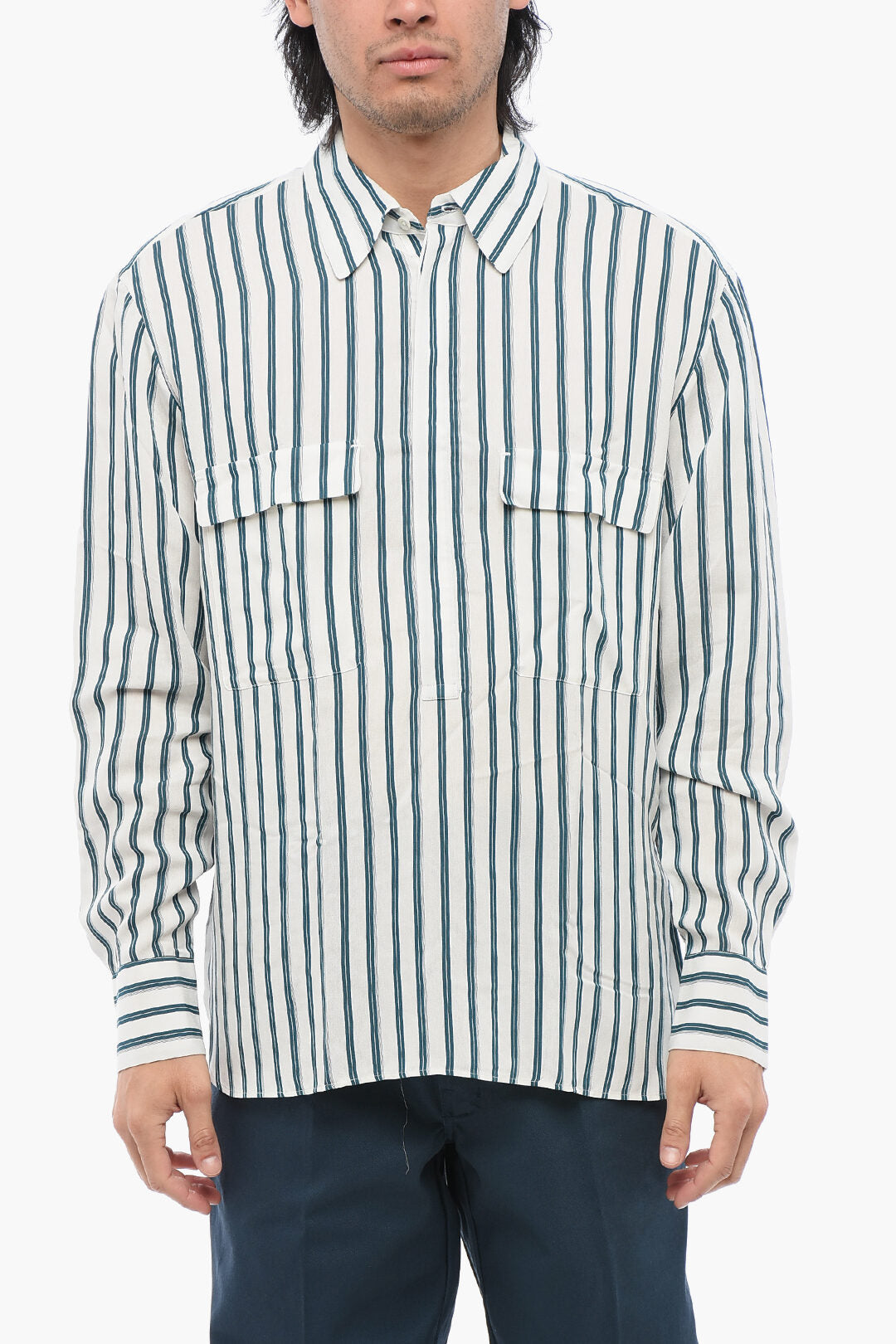 PT01 2850~Striped Shirt with Double Chest Pocket and Italian Collar