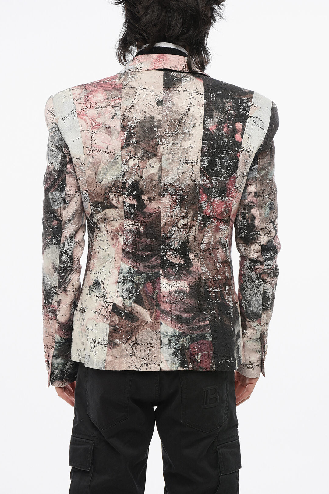 Balmain 3250~1-Button Patterned Linen Jacket with Single Vent and Notch Lapel, view 2