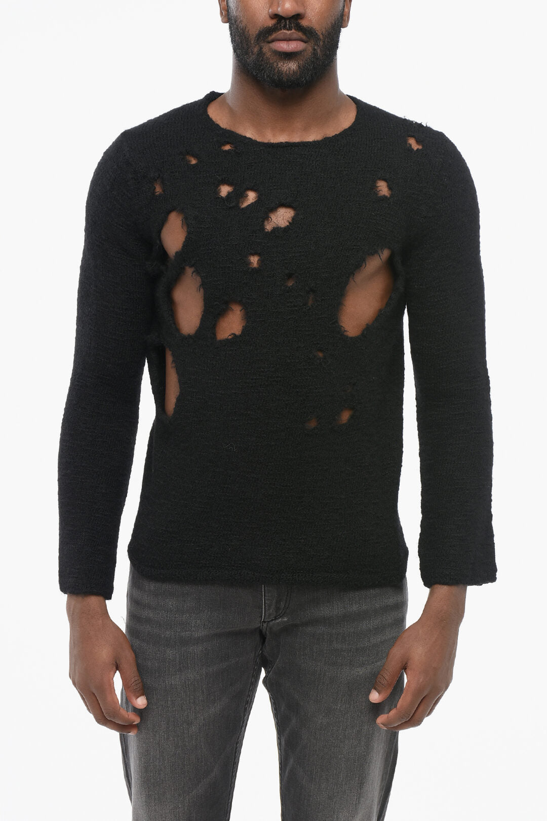 Comme Des Garçons 3500~BLACK Distressed Wool Crewneck Pullover