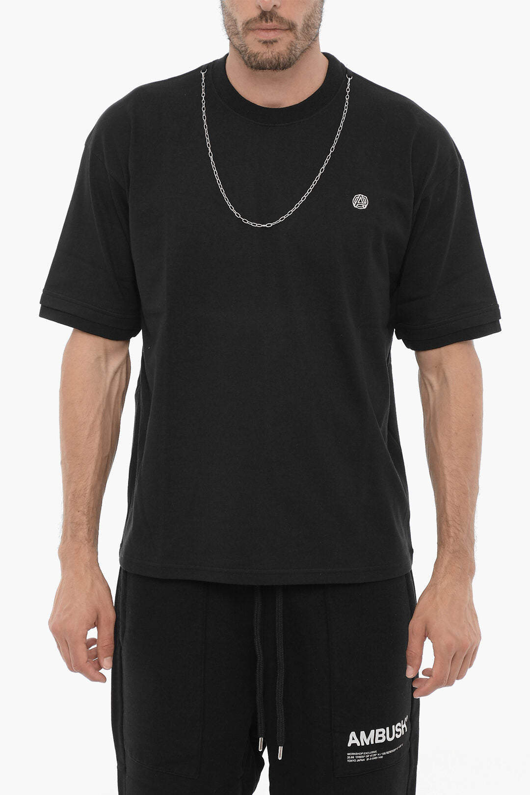 Ambush 3500~Crewneck Solid-Color T-Shirt with Silver Chain