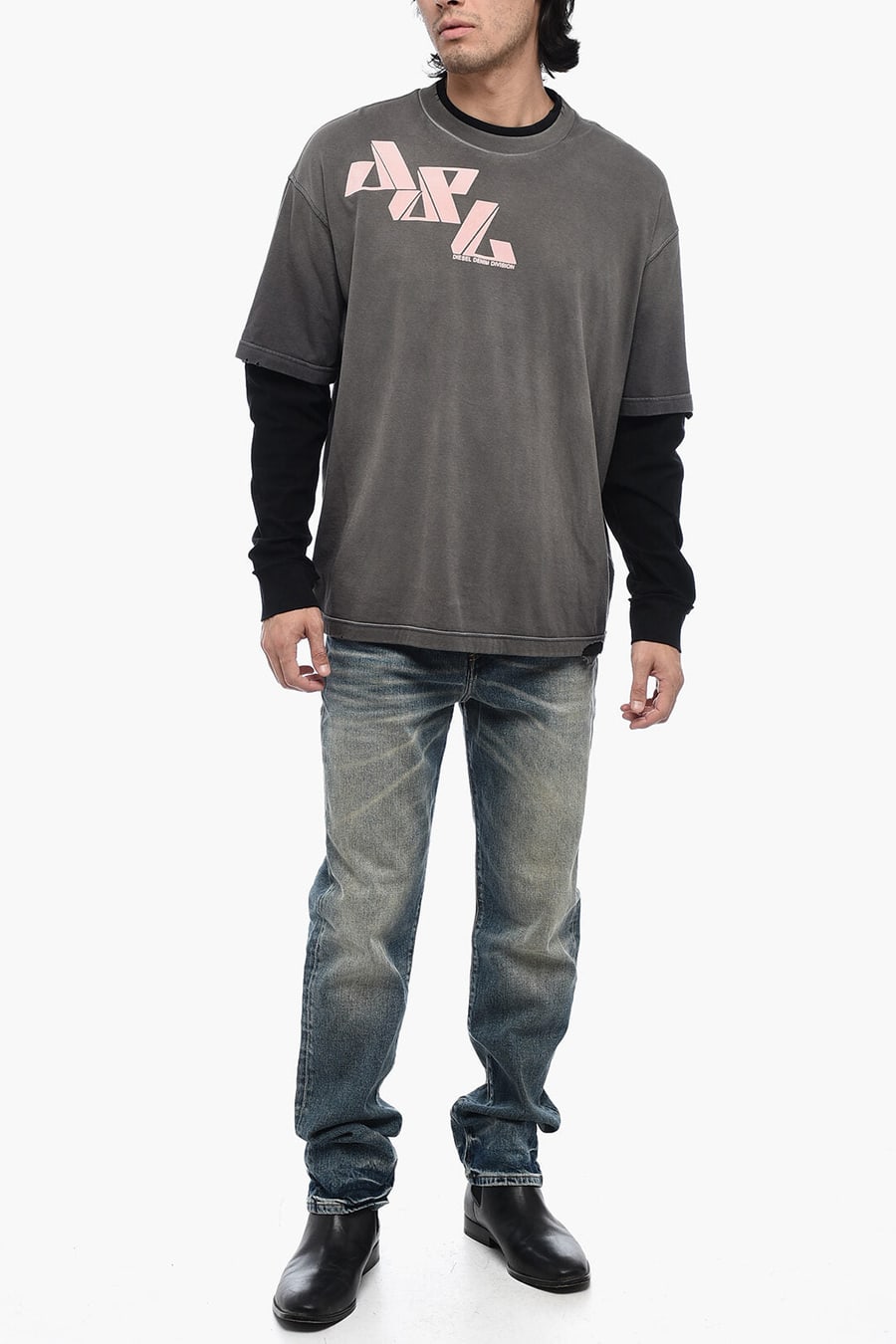 Diesel 3500~Double-Layer T-Shirt T-WASY with Distressed Effect, view 4