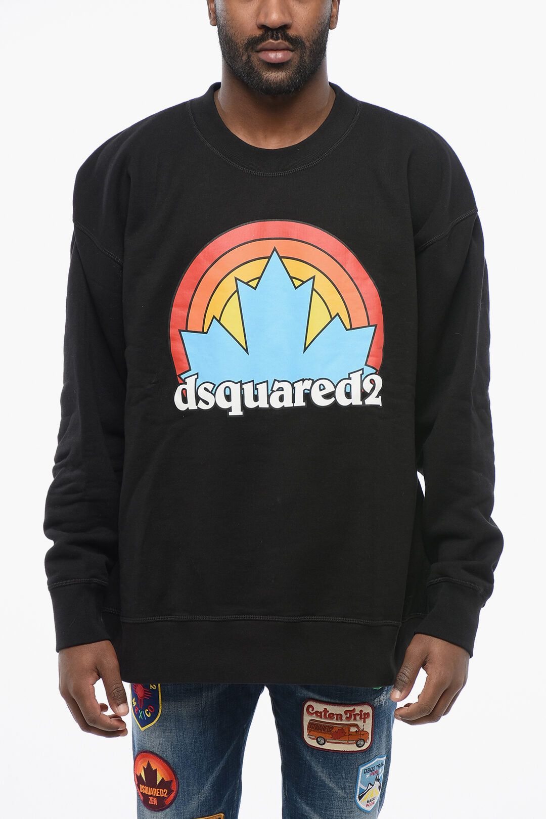 Dsquared2 3500~Fleece Cotton Crewneck Sweatshirt RAINBOW LEAF