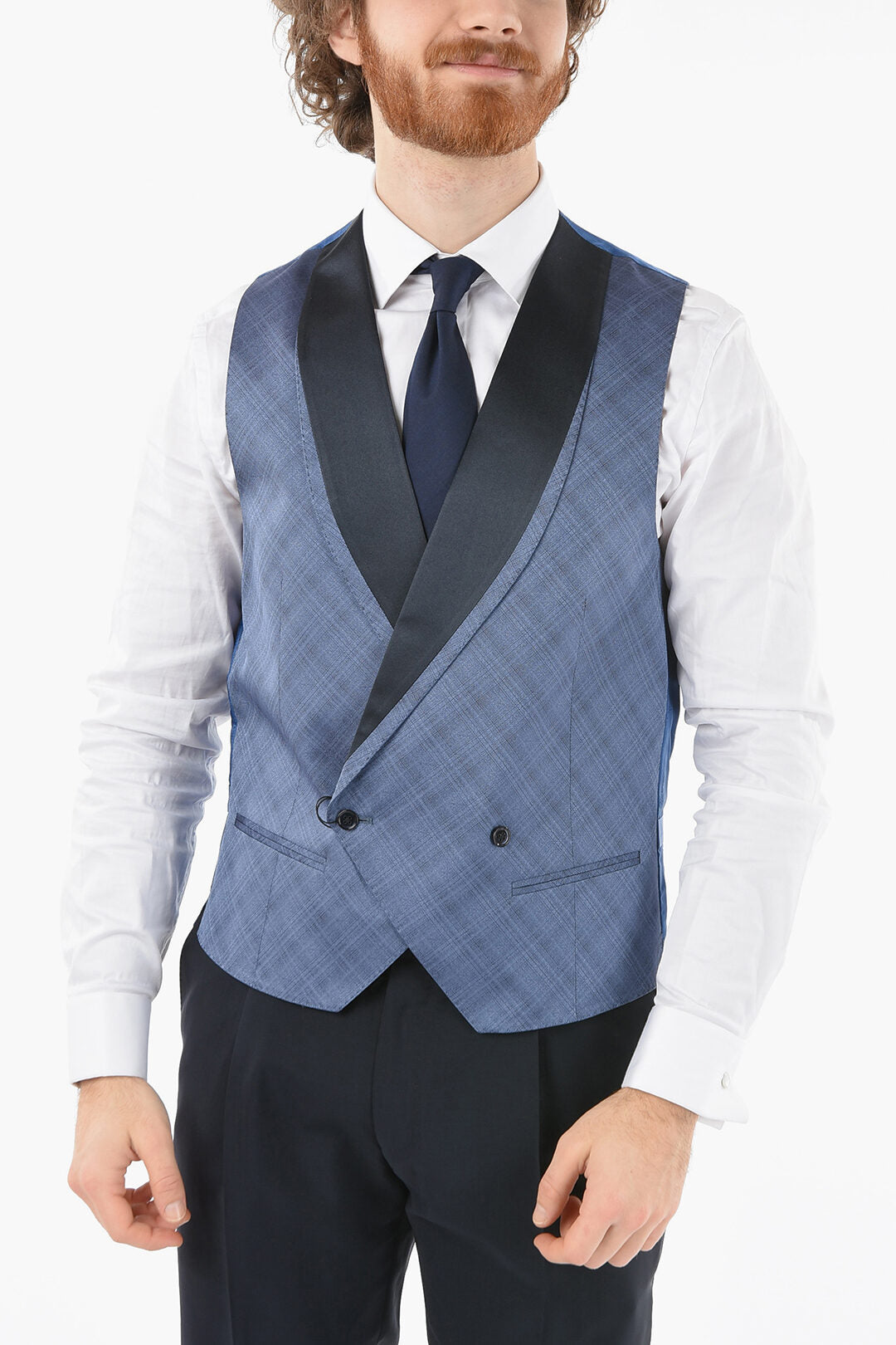 Corneliani 3500~Silk Double-Breasted Waistcoat ACADEMY CERIMONIA in a Checked Pattern
