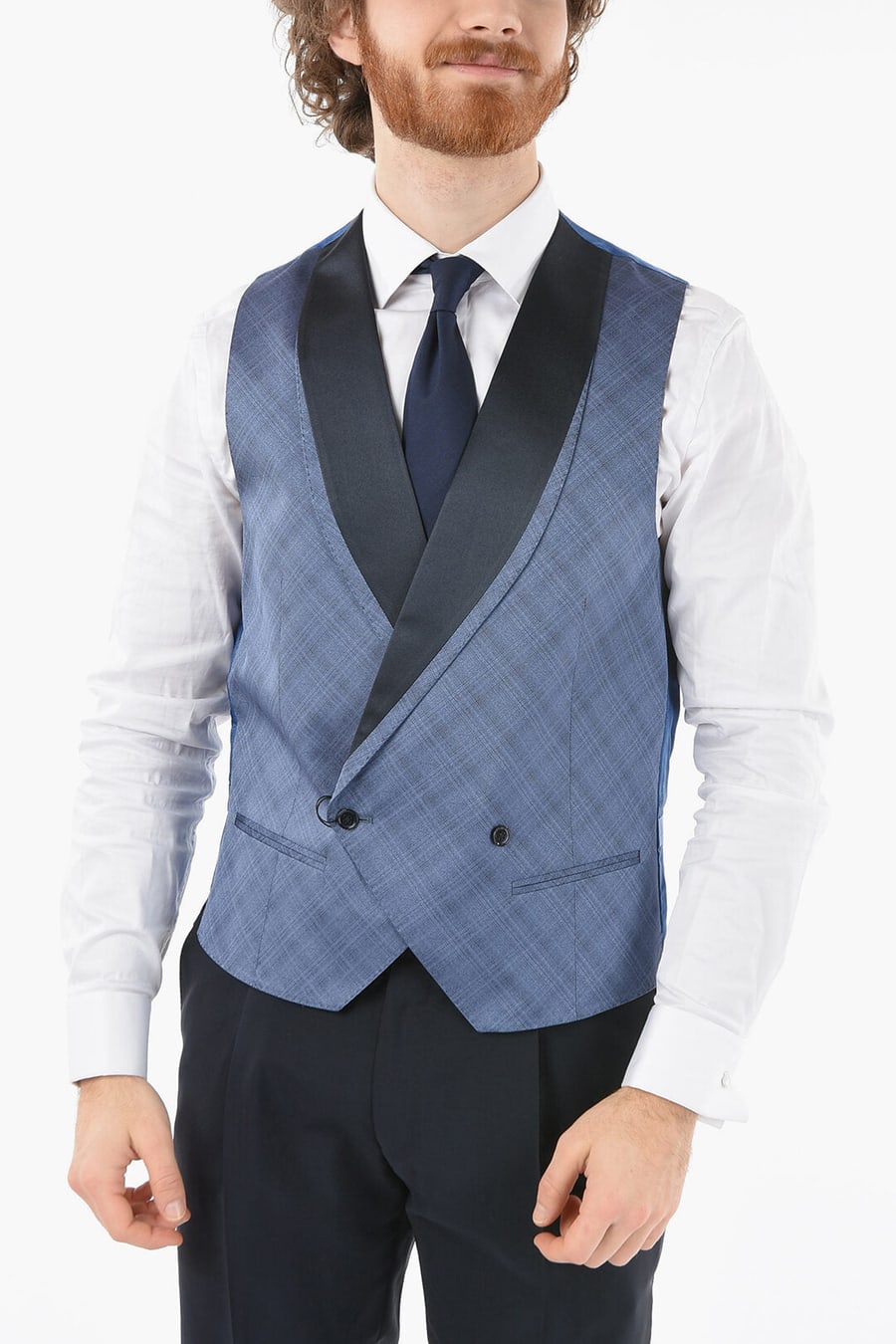 Corneliani 3500~Silk Double-Breasted Waistcoat ACADEMY CERIMONIA in a Checked Pattern