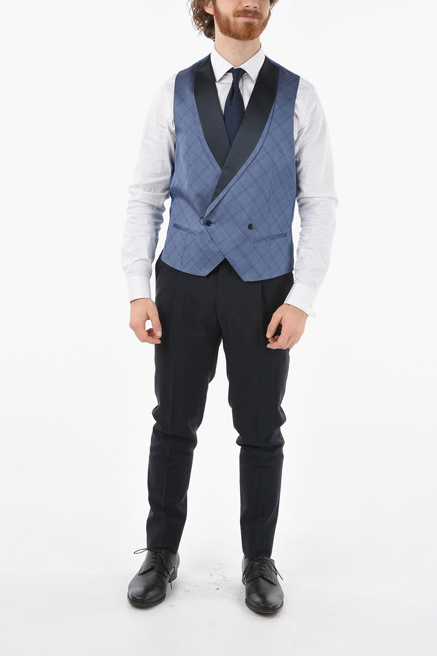 Corneliani 3500~Silk Double-Breasted Waistcoat ACADEMY CERIMONIA in a Checked Pattern, view 4