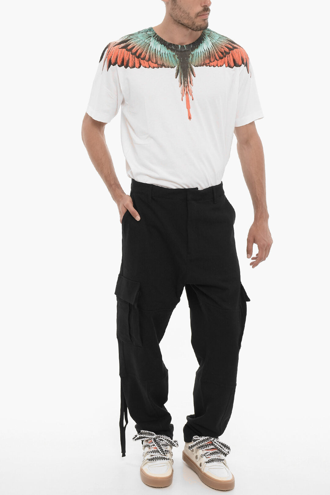 Marcelo Burlon 3500~Solid-Color Fleece Cargo Pants with Contrast Embroidery