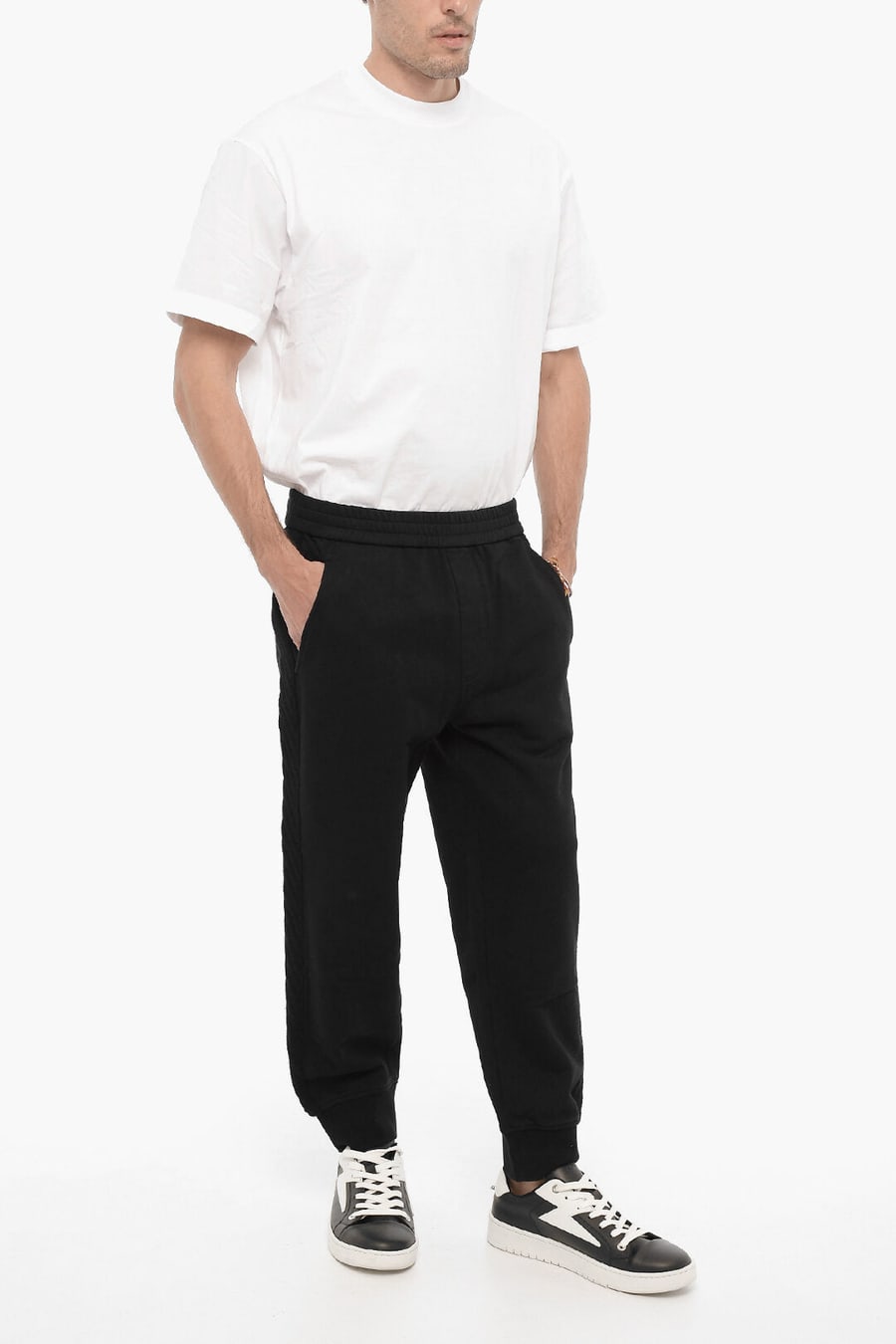 Neil Barrett 3500~Solid-Color Wool Joggers with Side Stripes, view 4