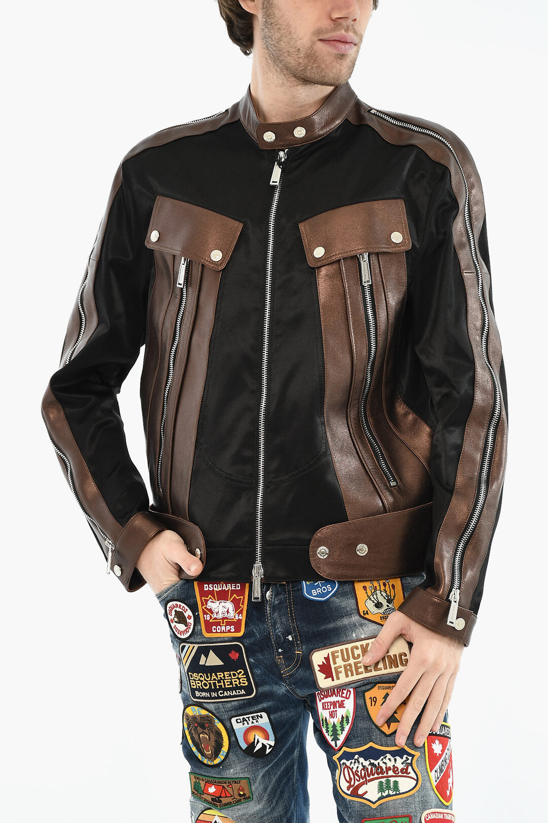 Dsquared2 3500~Two-tone Satin Jacket with Zippered Sleeves
