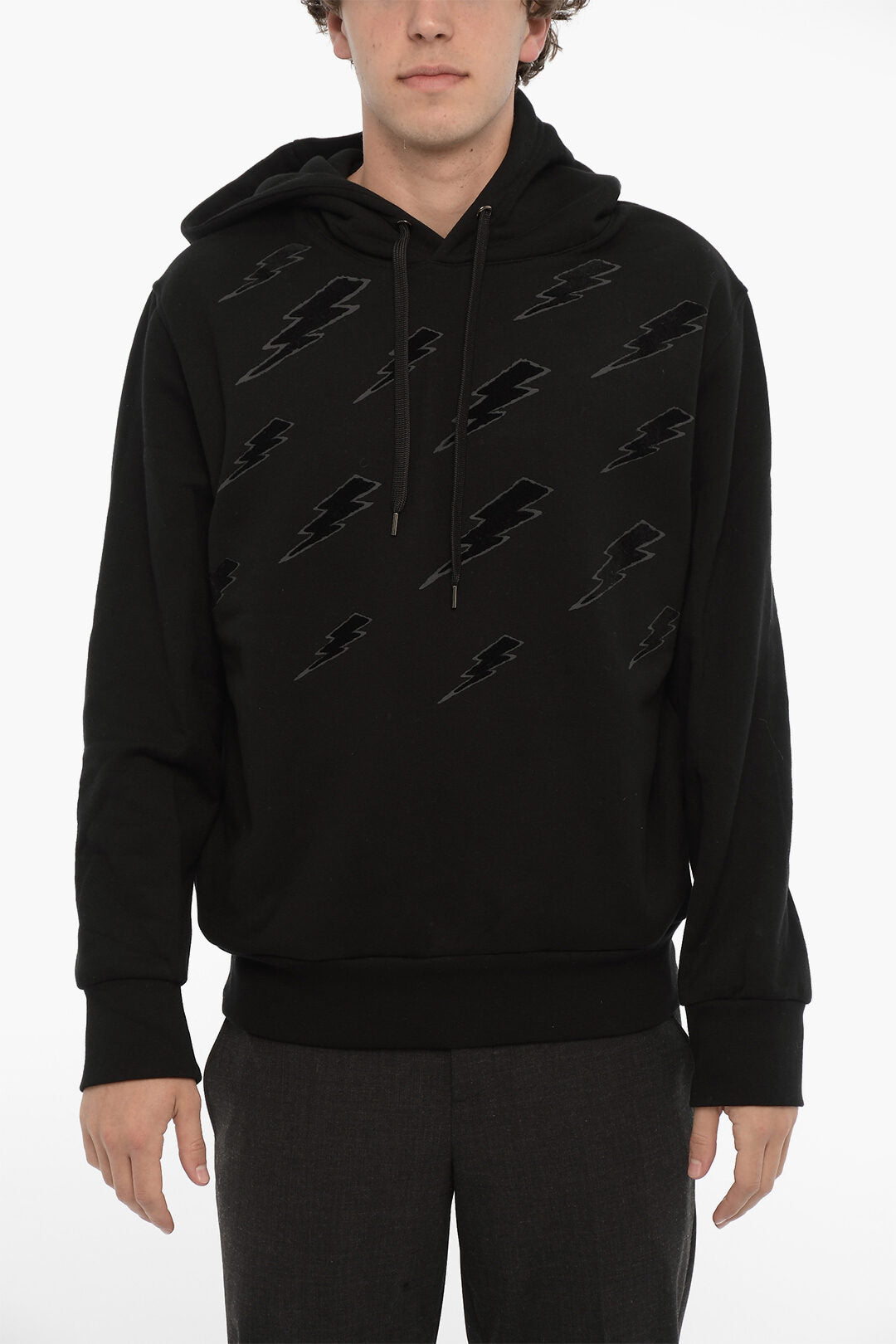 Neil Barrett 3500~Velour Sweatshirt Hooie Easy Fit with Thunderbolt
