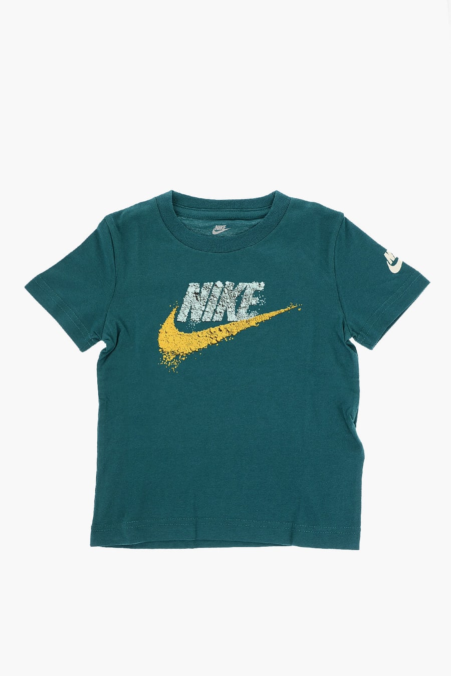 Nike KIDS 0850~Solid-Color Crewneck T-Shirt GRAVEL FUTURA with Contrast Logo Print