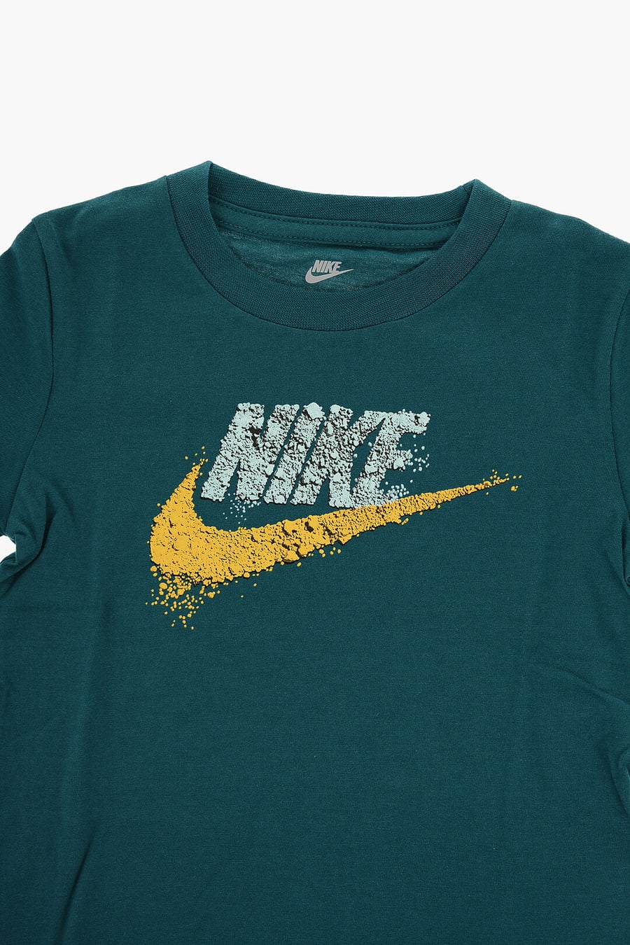 Nike KIDS 0850~Solid-Color Crewneck T-Shirt GRAVEL FUTURA with Contrast Logo Print, view 2