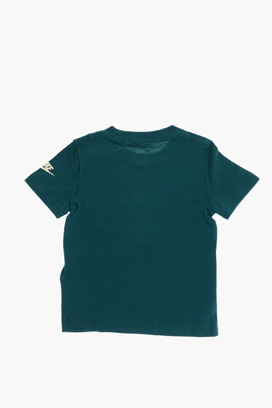 Nike KIDS 0850~Solid-Color Crewneck T-Shirt GRAVEL FUTURA with Contrast Logo Print, view 3