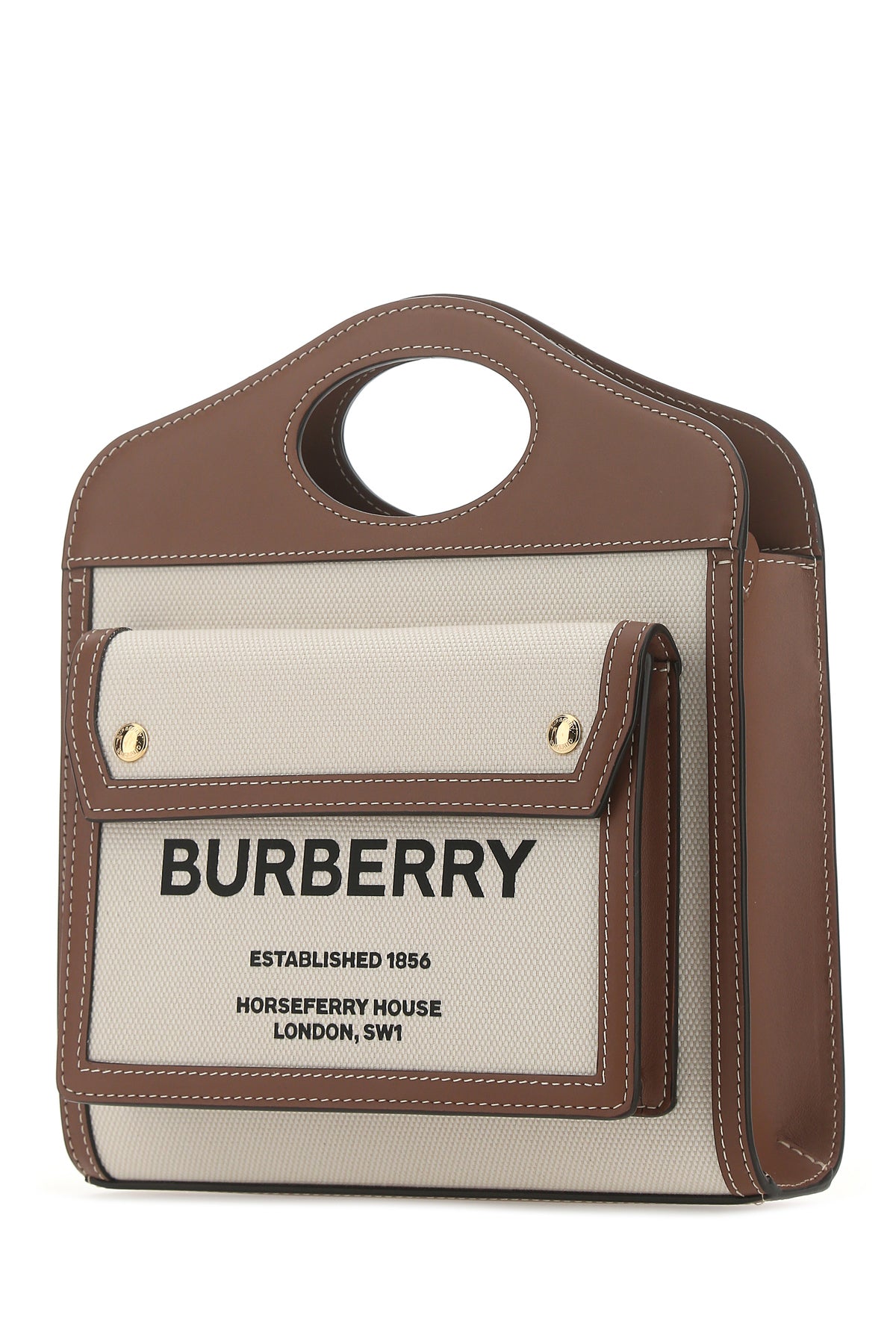 Burberry Borsa a mano Pocket mini bicolor in tela e pelle, view 2