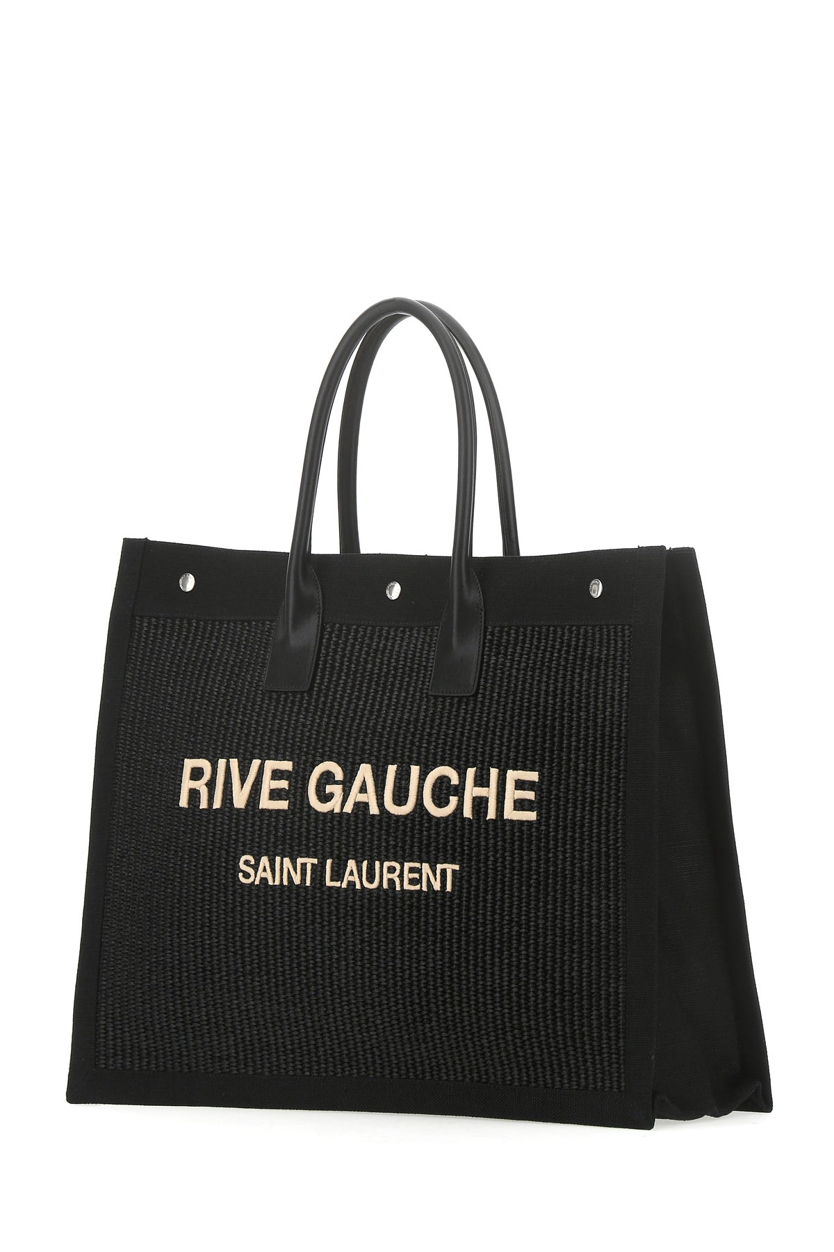 Saint Laurent Borsa shopping Rive Gauche nera in rafia e tela, view 2