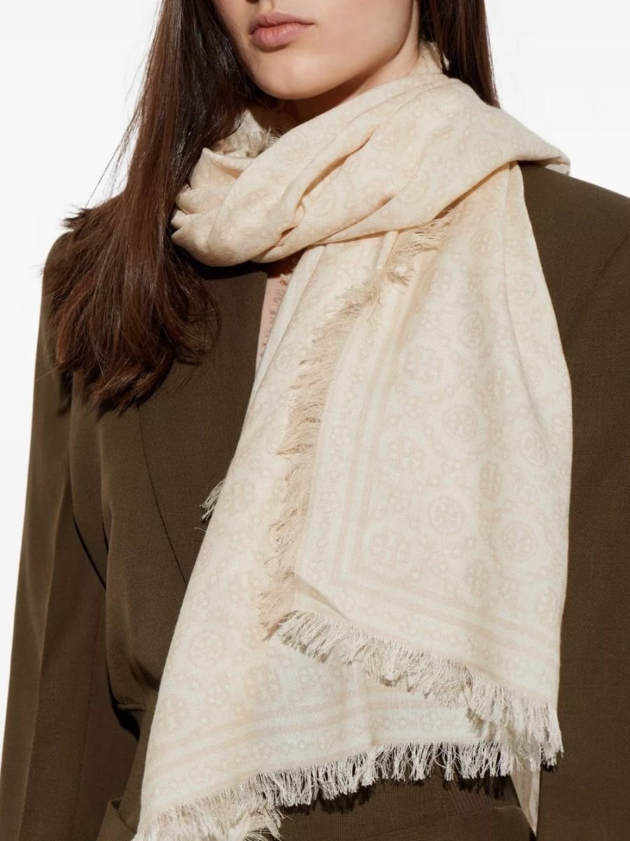 Tory Burch Sciarpa in lana e seta con monogramma, view 2