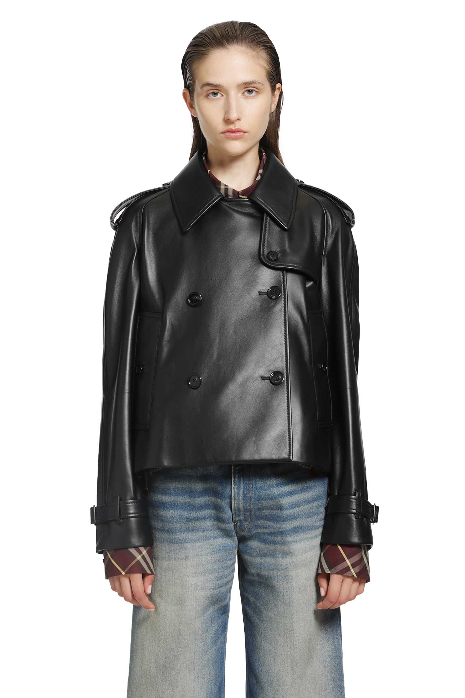 Burberry Cropped Leather Mayfair Trench Jacket, view 2
