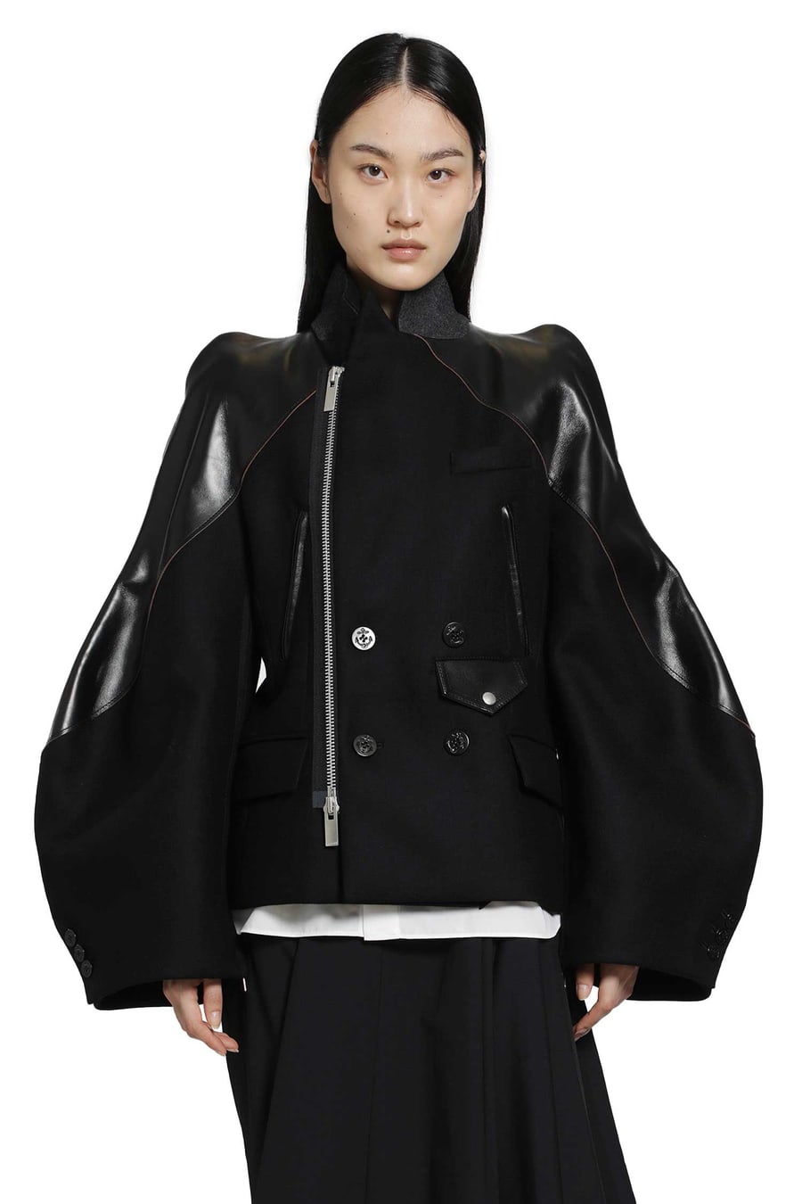 SACAI Leather x Wool Melton Jacket, view 2