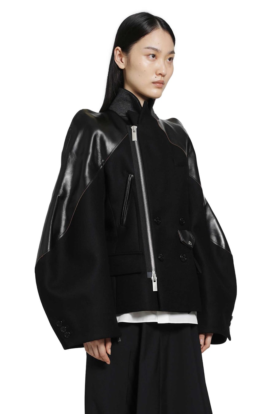 SACAI Leather x Wool Melton Jacket, view 3
