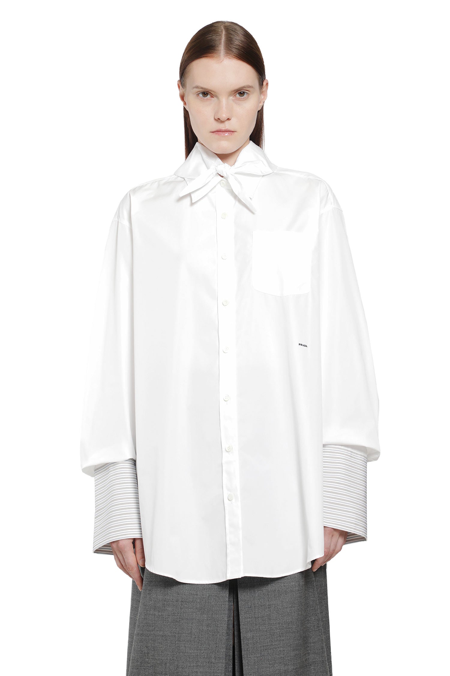 Prada Layered Cotton Shirt with Bow, view 2
