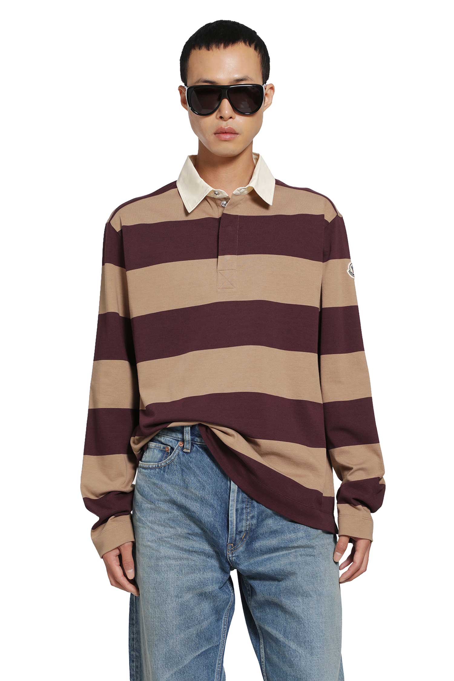 Moncler Striped Cotton Long Sleeve Polo Shirt