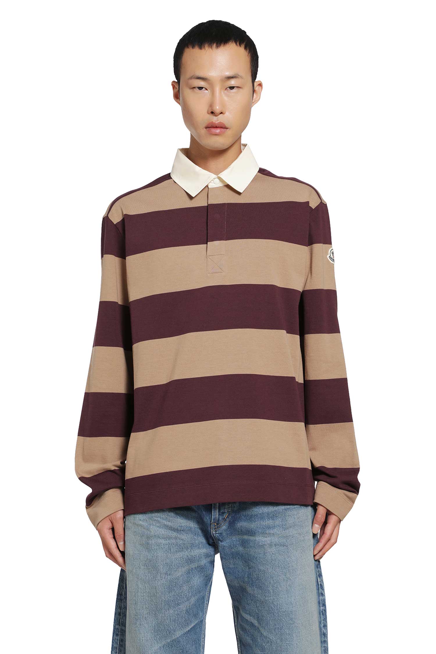 Moncler Striped Cotton Long Sleeve Polo Shirt, view 2