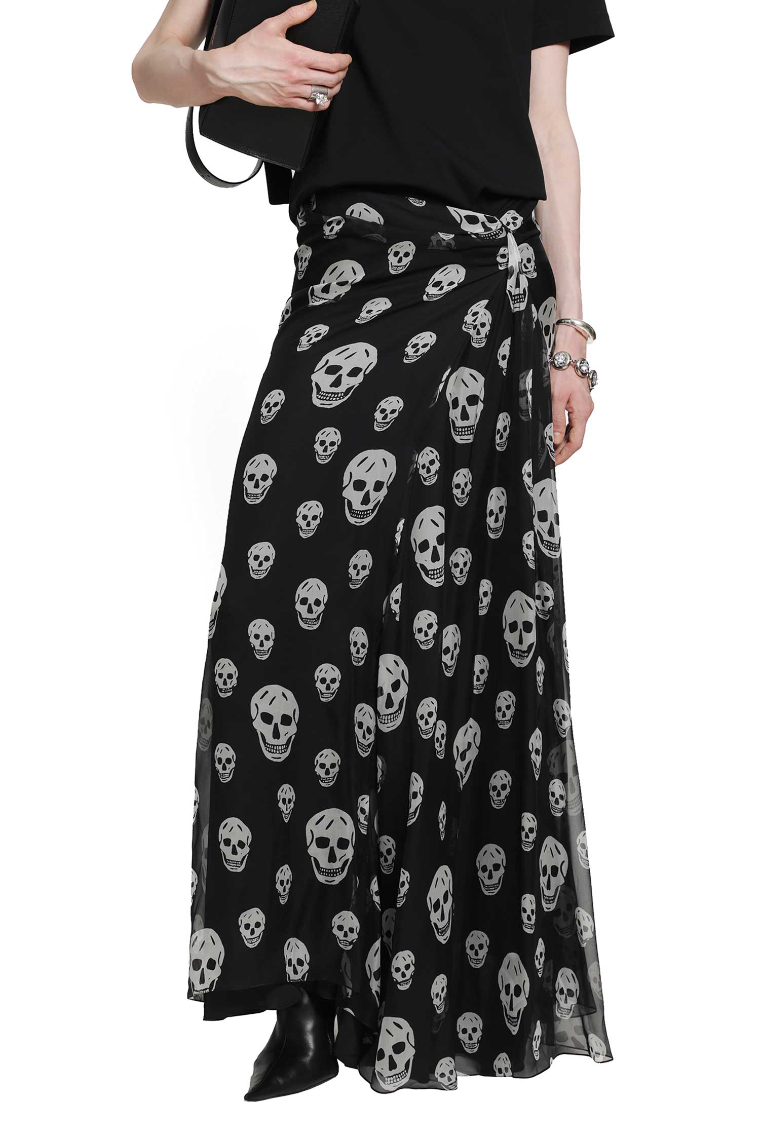 MCQUEEN Skull Print Draped Maxi Skirt